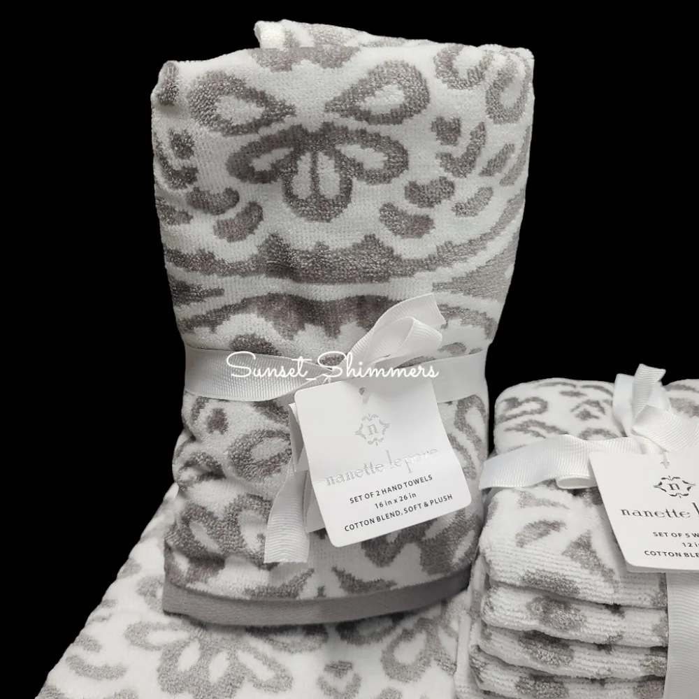 9pc Nanette Lapore Christmas Snowflake Damask Bath Hand Washcloth Towel Set New